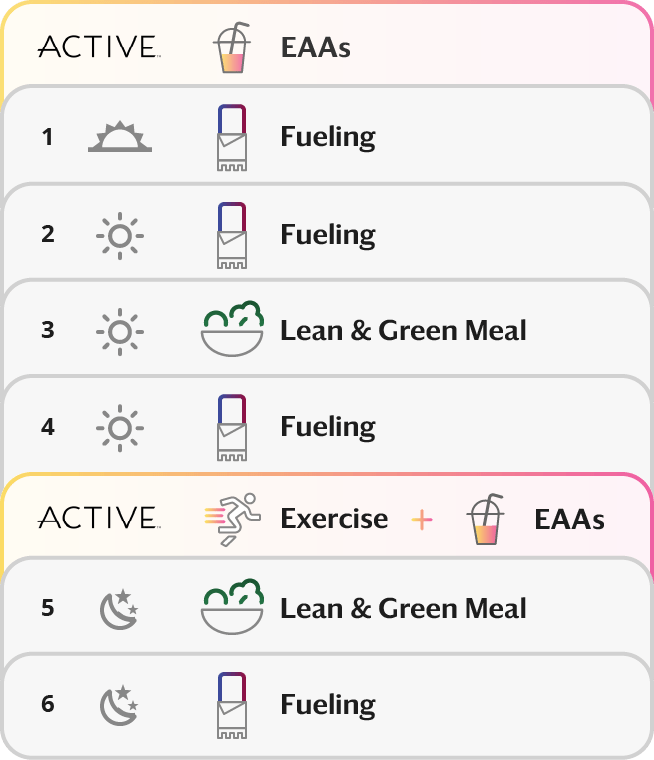 Icons showing the progression of how a typical exercise day would look like while on the 4 & 2 ACTIVE plan. Sunrise, EAAs, Fueling, Fueling, Lean & Green Meal, Fueling, Exercise, EAAs, Lean & Green Meal, Fueling, Moon.